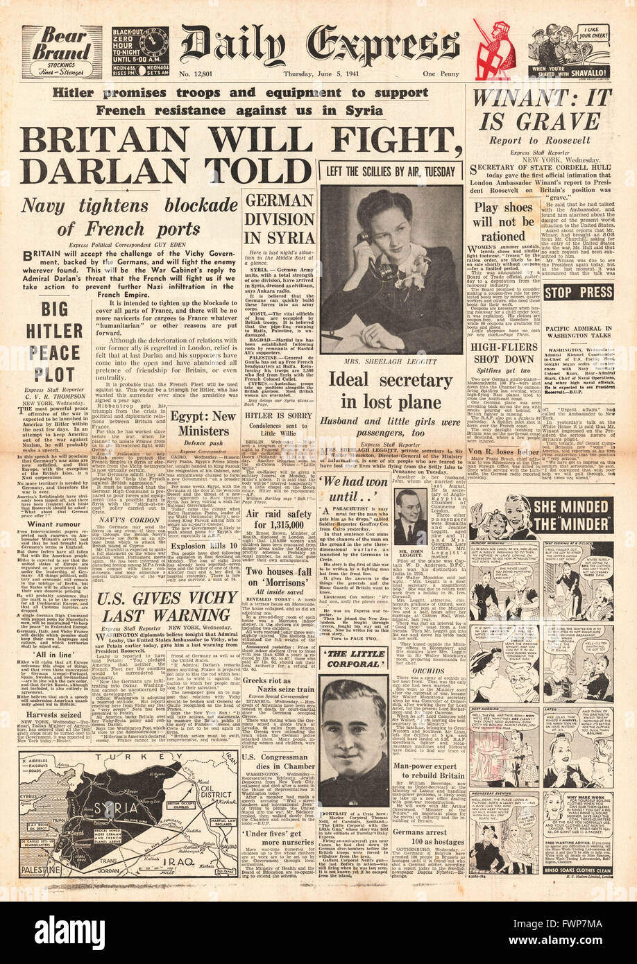 1941 front page Daily Express Gran Bretagna sarà lotta impero francese Foto Stock