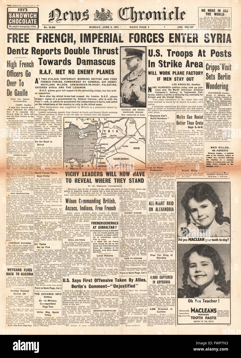 1941 front page News Cronaca British e libera delle forze francesi entrare in Siria Foto Stock