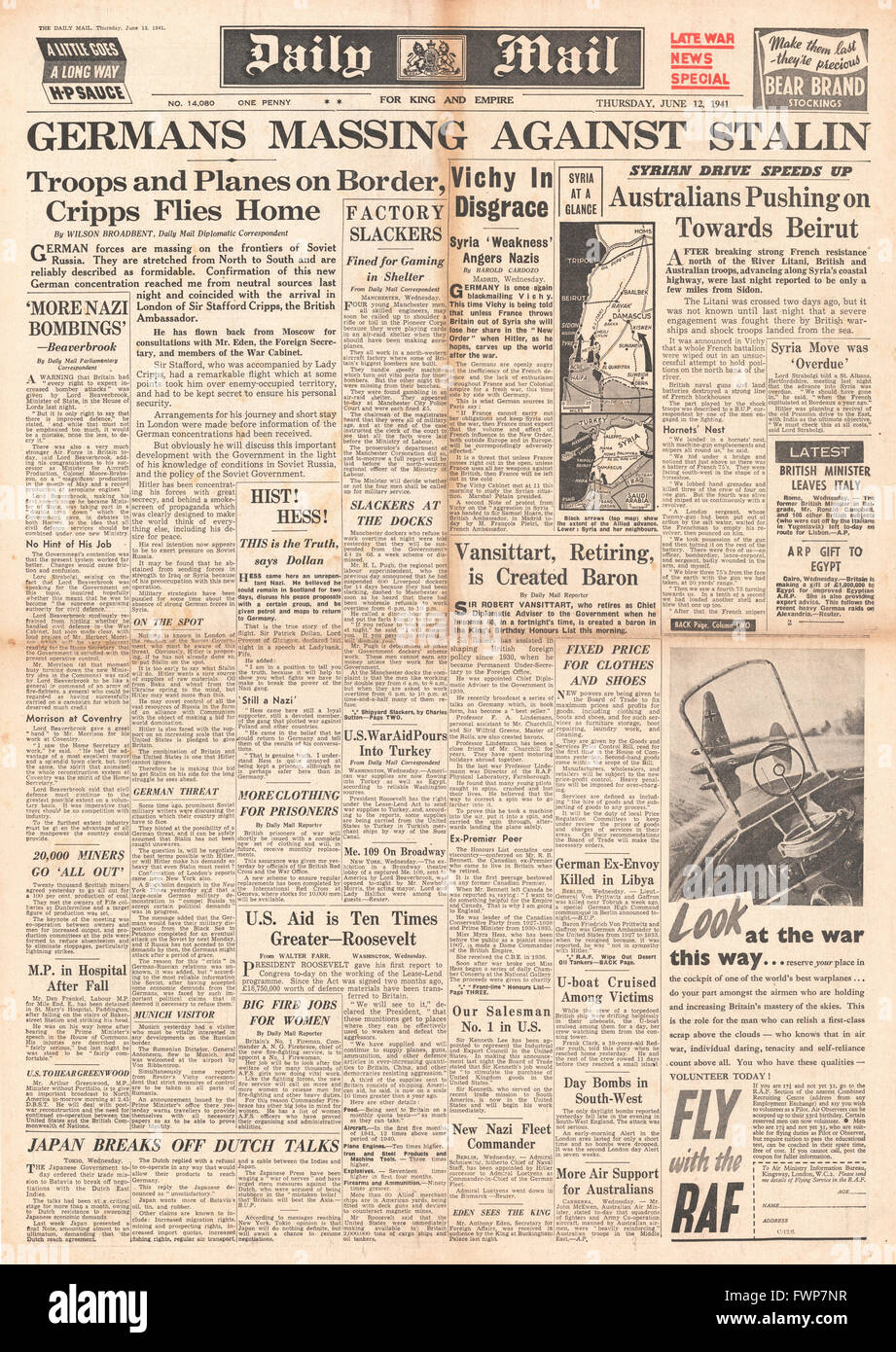 1941 front page Daily Mail le truppe tedesche messa sul confine sovietico e alleati anticipo in Siria Foto Stock