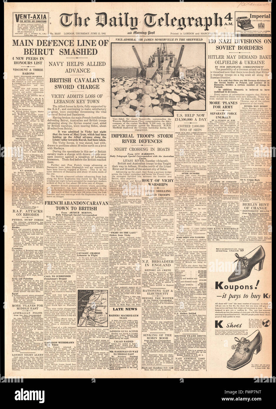 1941 front page Daily Telegraph le truppe tedesche messa sul confine sovietico e alleati anticipo in Siria Foto Stock