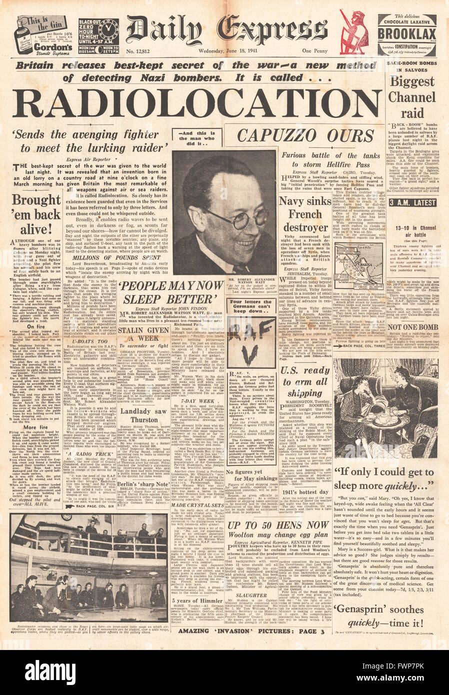 1941 front page Daily Express di radiolocalizzazione per rilevare i bombardieri tedeschi Foto Stock