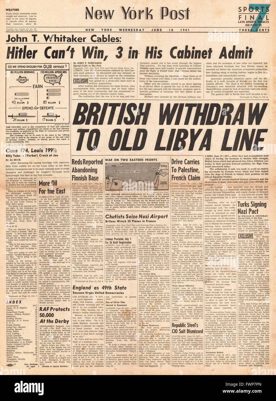 1941 prima pagina del New York Post ritiro britannico in Libia Foto Stock