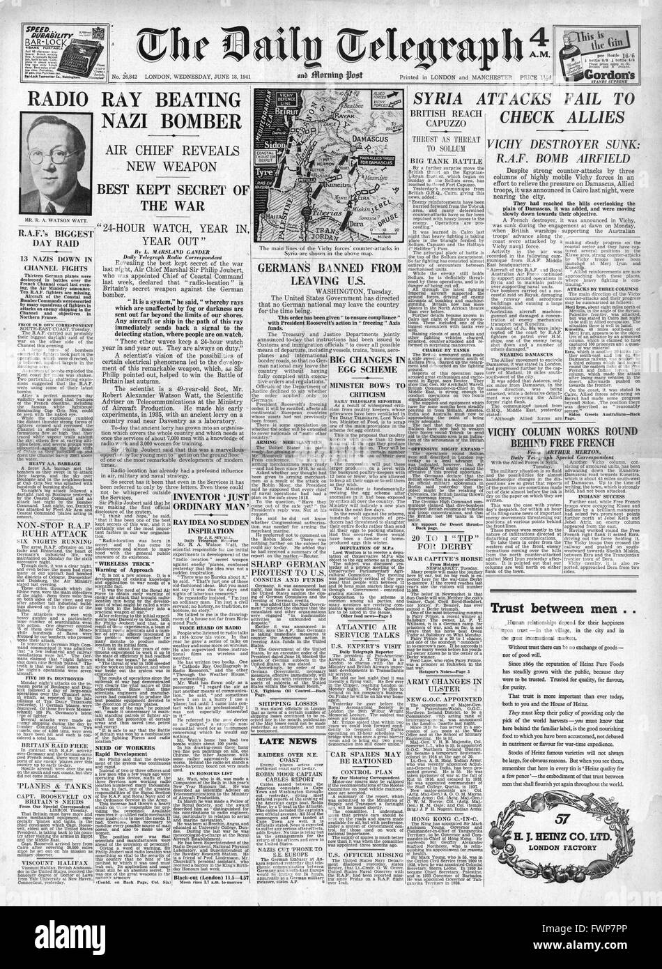 1941 front page Daily Telegraph di radiolocalizzazione per rilevare i bombardieri tedeschi Foto Stock