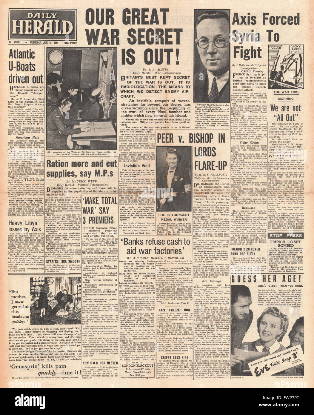 1941 front page Daily Herald di radiolocalizzazione per rilevare i bombardieri tedeschi Foto Stock