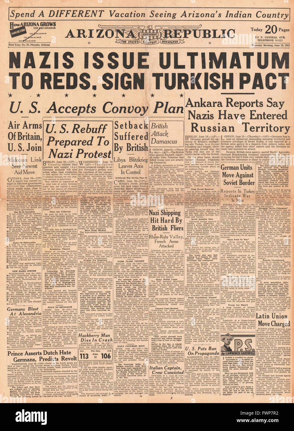 1941 front page Arizona RepublicTurkey segni patto con la Germania e la battaglia per la Siria Foto Stock