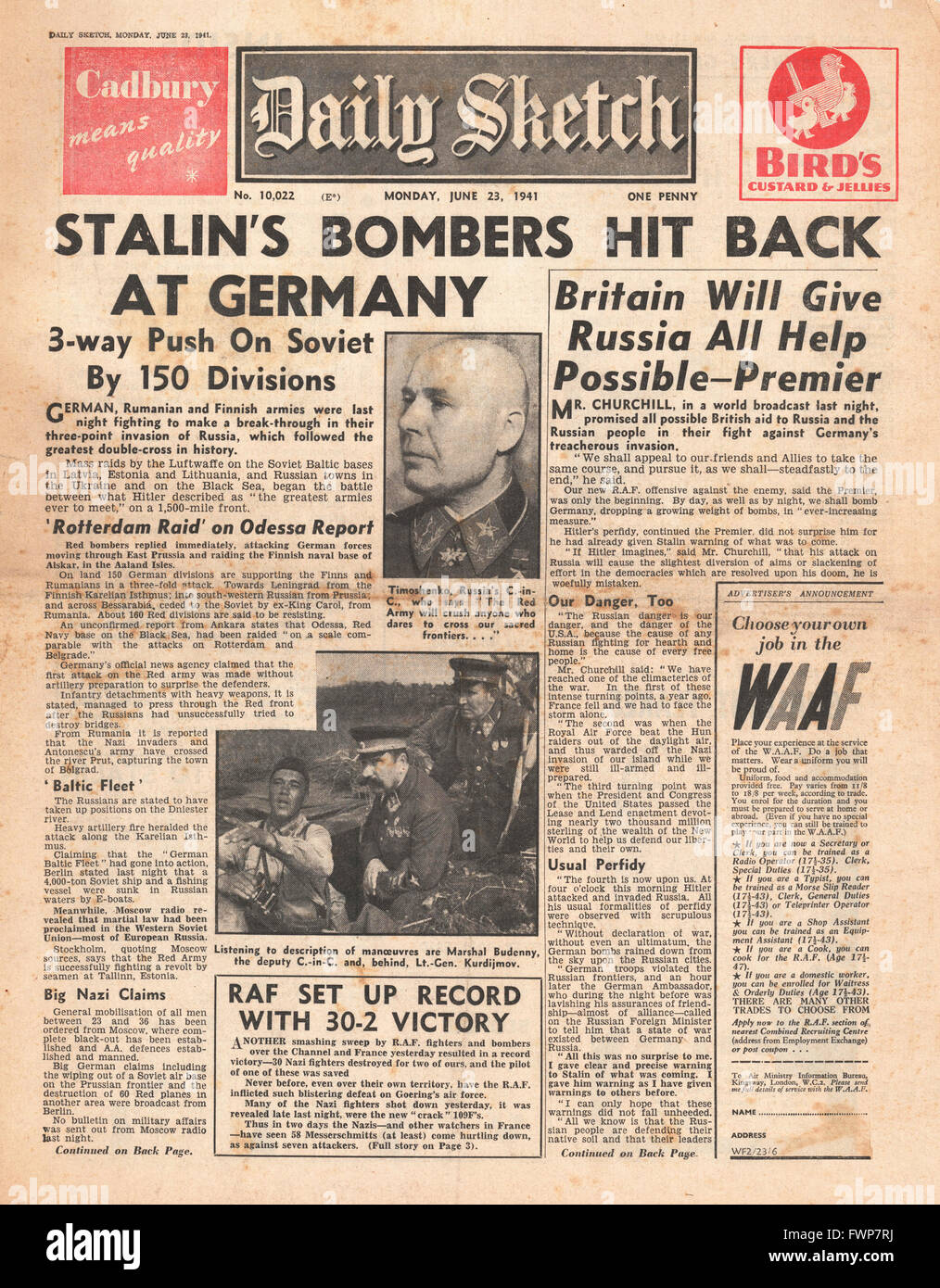 1941 front page schizzo quotidianamente la Germania nazista invade l Unione Sovietica Foto Stock