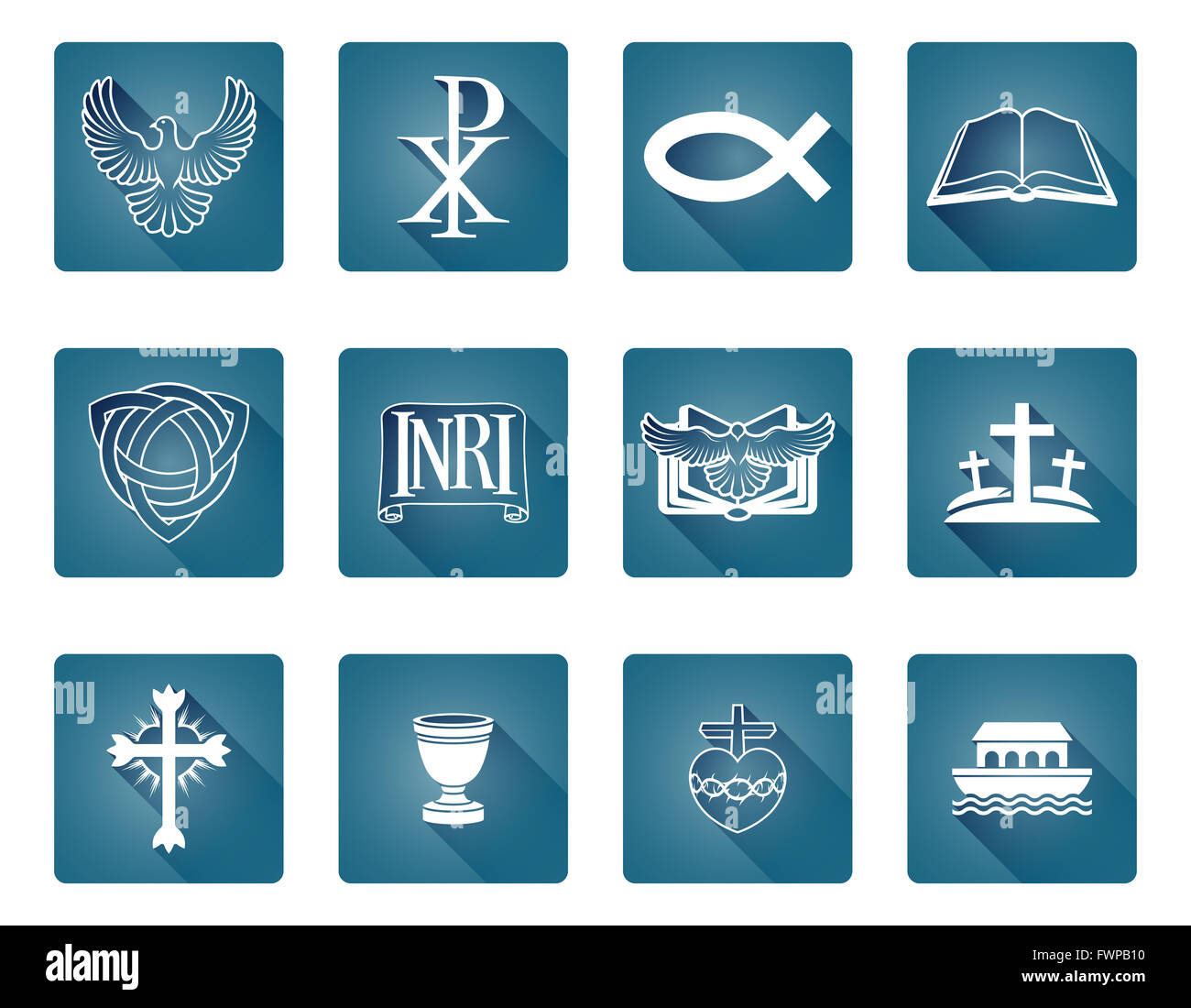 Un set di religioso cristiano icone e simboli , compresi Noahs Ark, pesce e croce Foto Stock