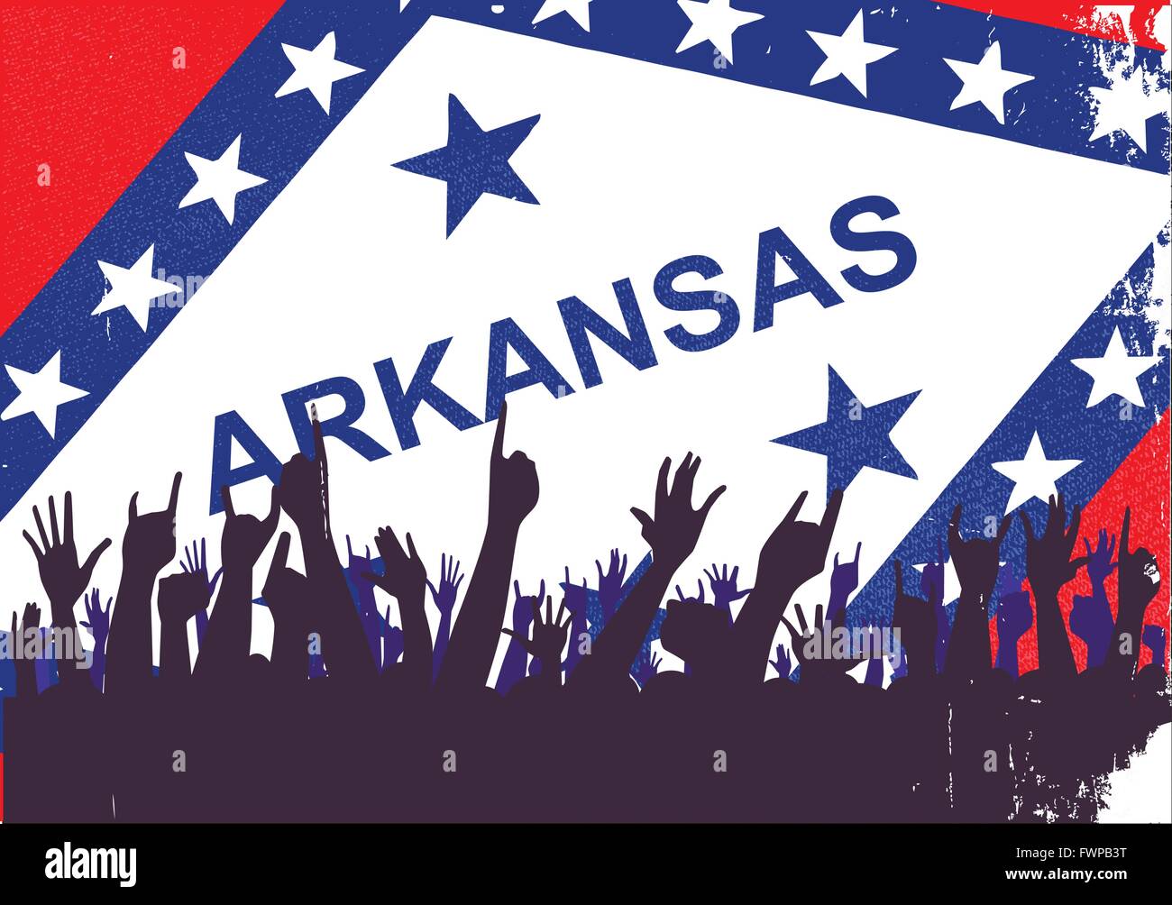 Pubblico felice reazione con Arkansas flag di stato sullo sfondo Illustrazione Vettoriale