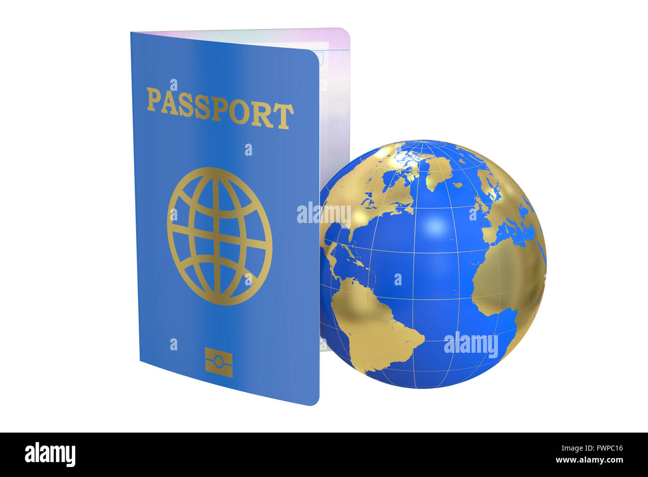 Passaporto internazionale con globo, rendering 3D Foto Stock