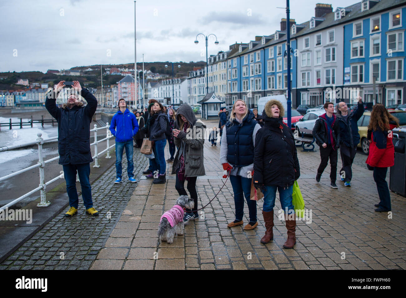 Persone a Aberystwyth promenade guardando incantata mentre guarda i branchi di storni murmuration nel cielo sopra il molo prima sono ' appollaiati per la notte Foto Stock