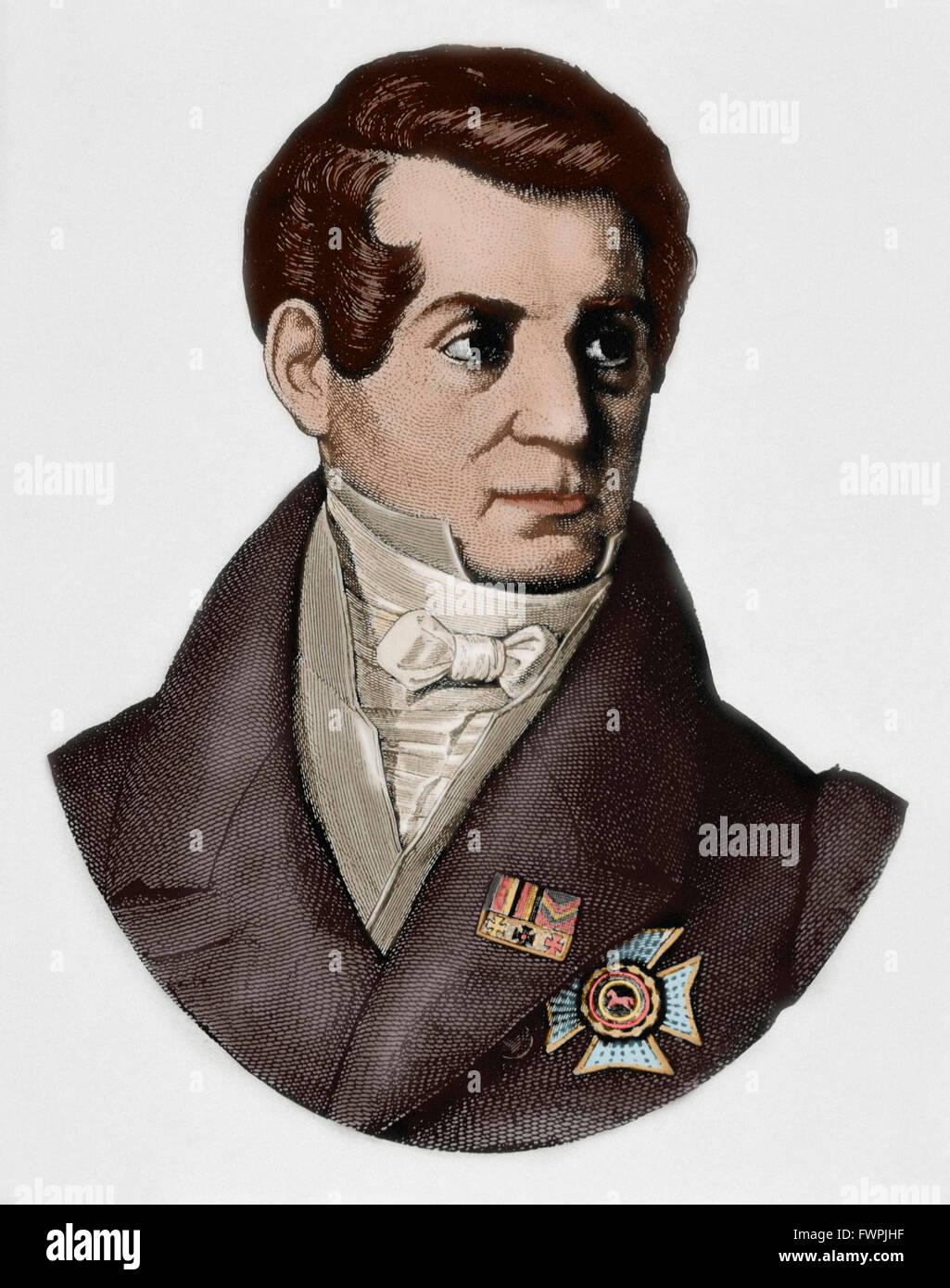 August Wilhelm von Schlegel (1767-1845). Poeta tedesco, traduttore e critico. Ritratto. Incisione. Colorati. Foto Stock