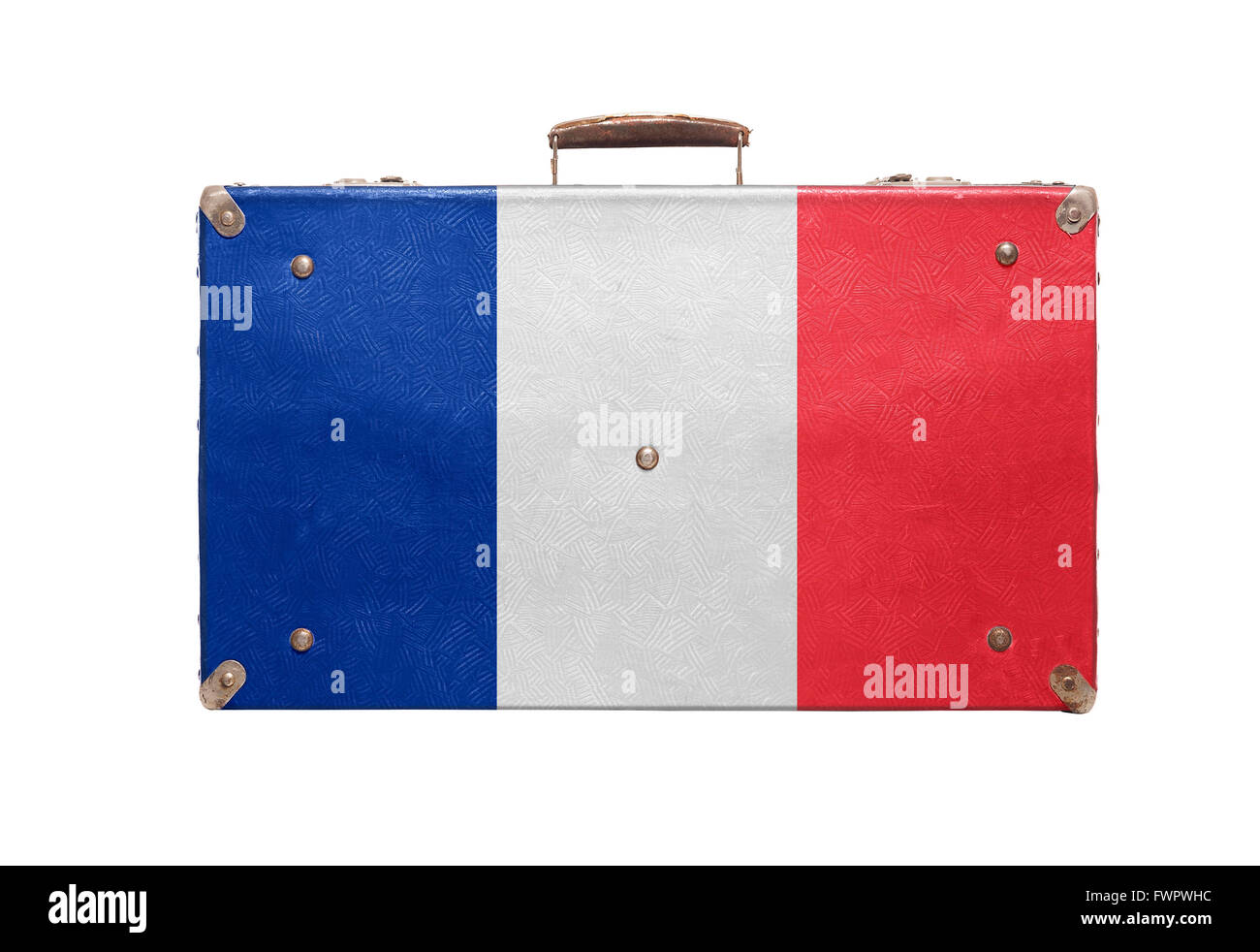 Vintage borsa da viaggio con la bandiera della Francia isolati su sfondo bianco. Foto Stock