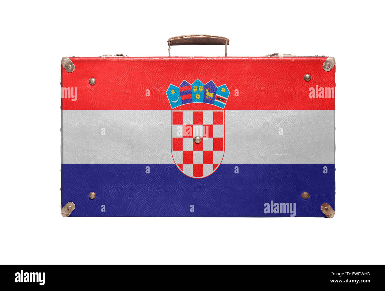 Vintage borsa da viaggio con la bandiera della Croazia isolati su sfondo bianco. Foto Stock