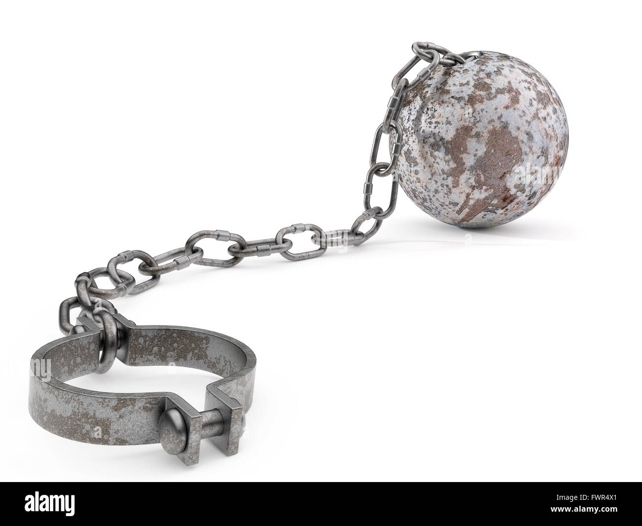 Rusty palla e catena isolata su uno sfondo bianco. Foto Stock