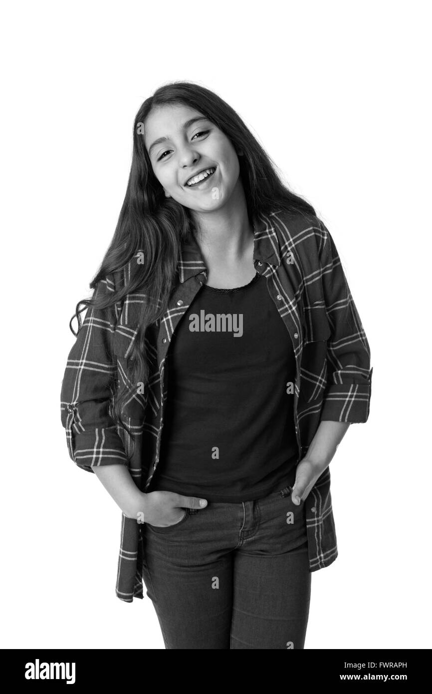 Ritratto di un felice giovane ragazza adolescente in bianco e nero Foto Stock
