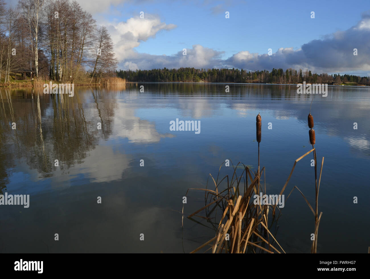 Lago calmo in inverno prima che l'acqua si blocca Foto Stock