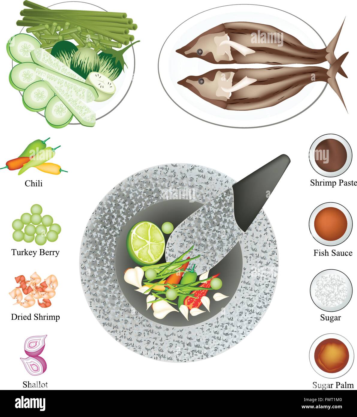 La cucina e il cibo, 10 ingredienti gamberi piccante salsa di Pasta servita con sgombri fritti e verdure. Uno dei più popolari Dis Illustrazione Vettoriale