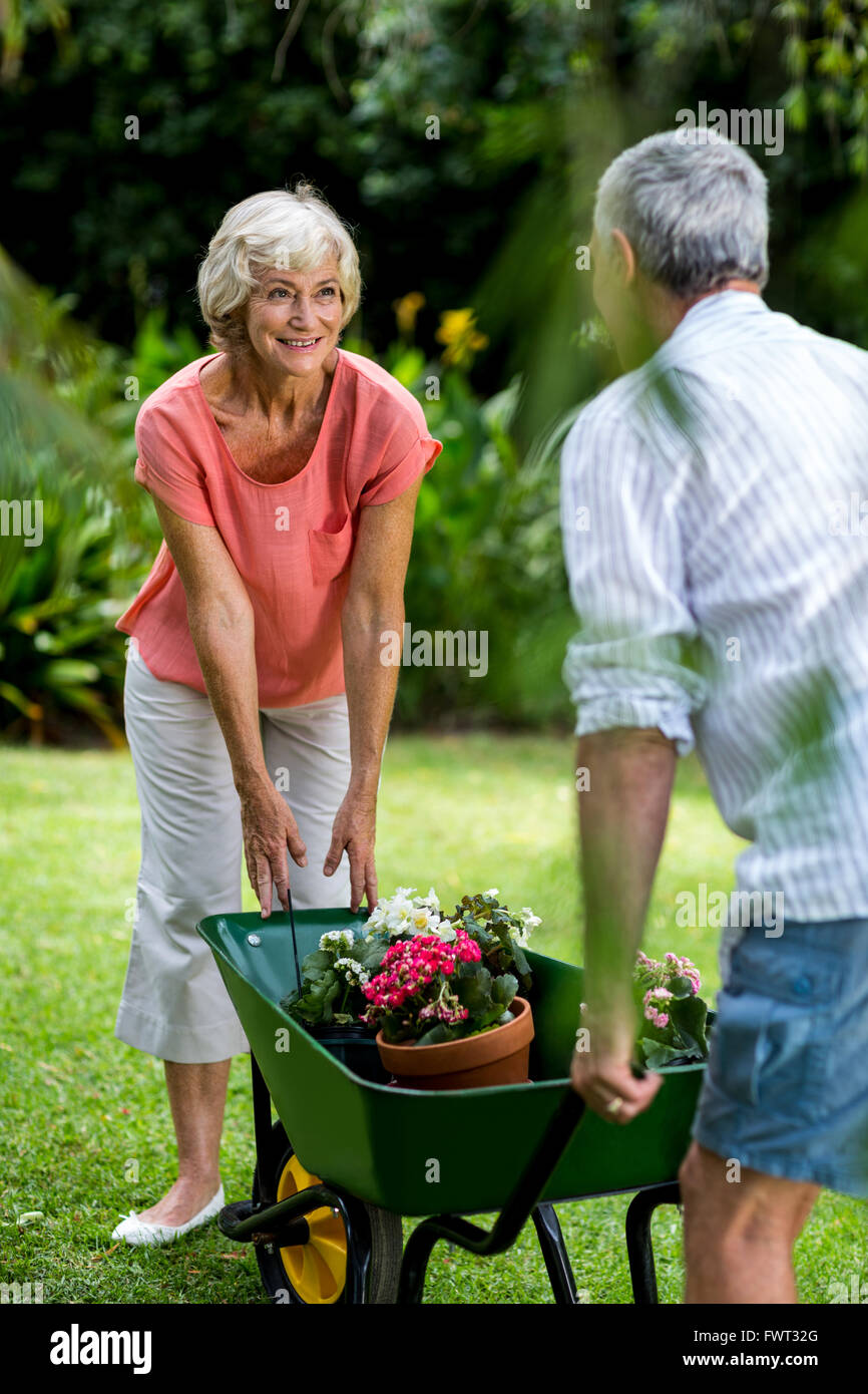 Coppia senior con carriola e vasi di fiori in cantiere Foto Stock