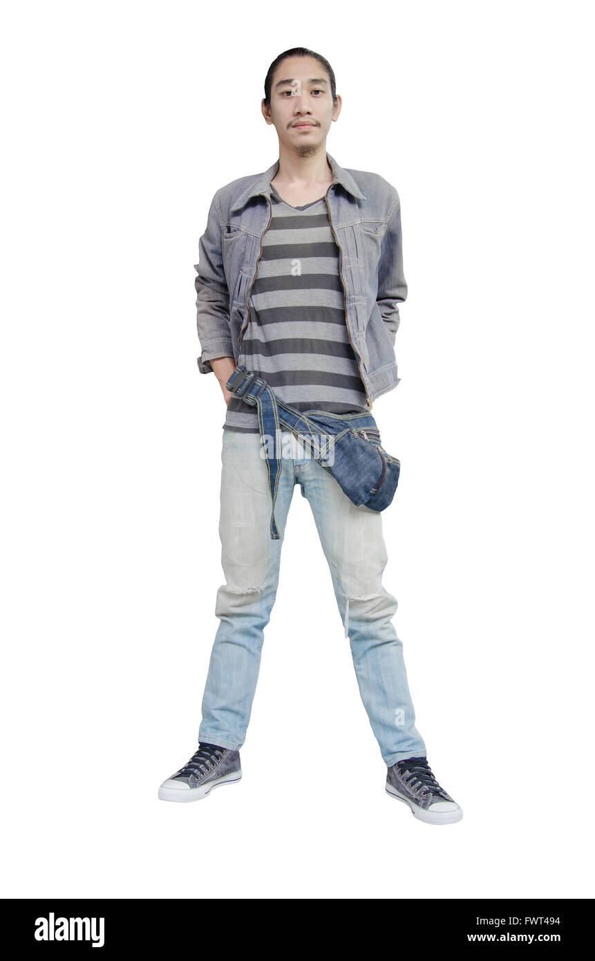 Jeans uomo moda su sfondo bianco.il Denim moda uomo su sfondo bianco. Uomo che indossa Ripped Jean. Foto Stock