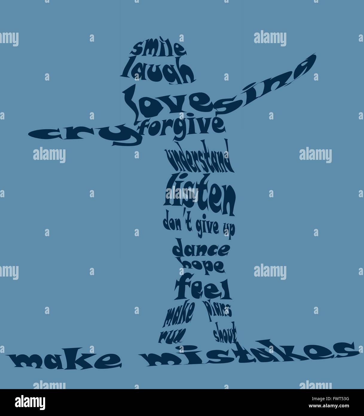 E silhouette fatta di parole di inviare un messaggi positivi circa la vita Illustrazione Vettoriale