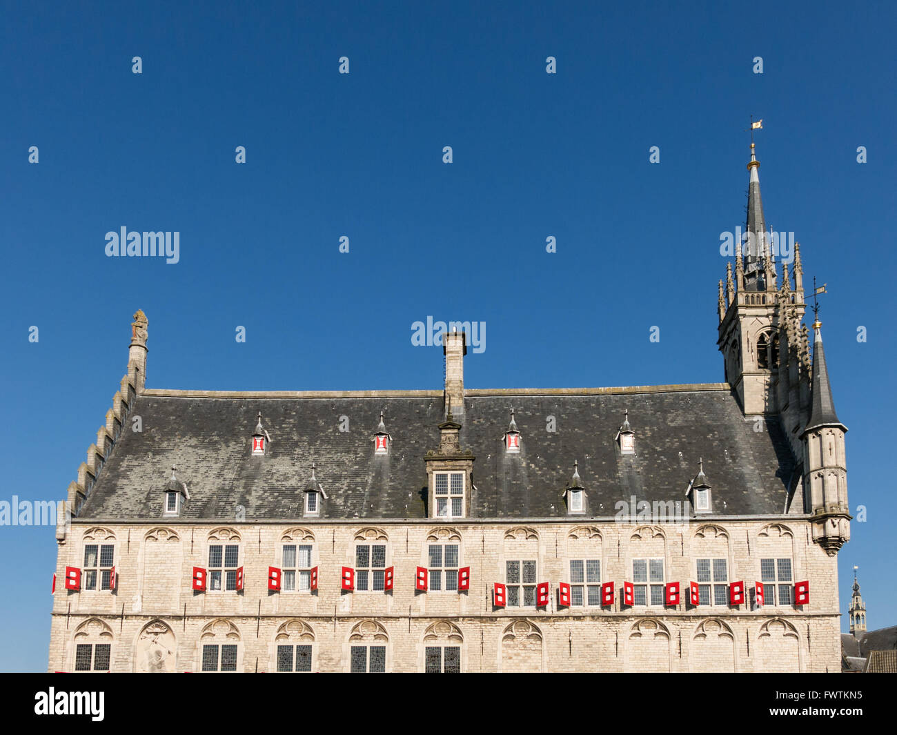 Particolare della facciata e il tetto del Municipio sulla piazza del mercato in Gouda, South Holland, Paesi Bassi Foto Stock