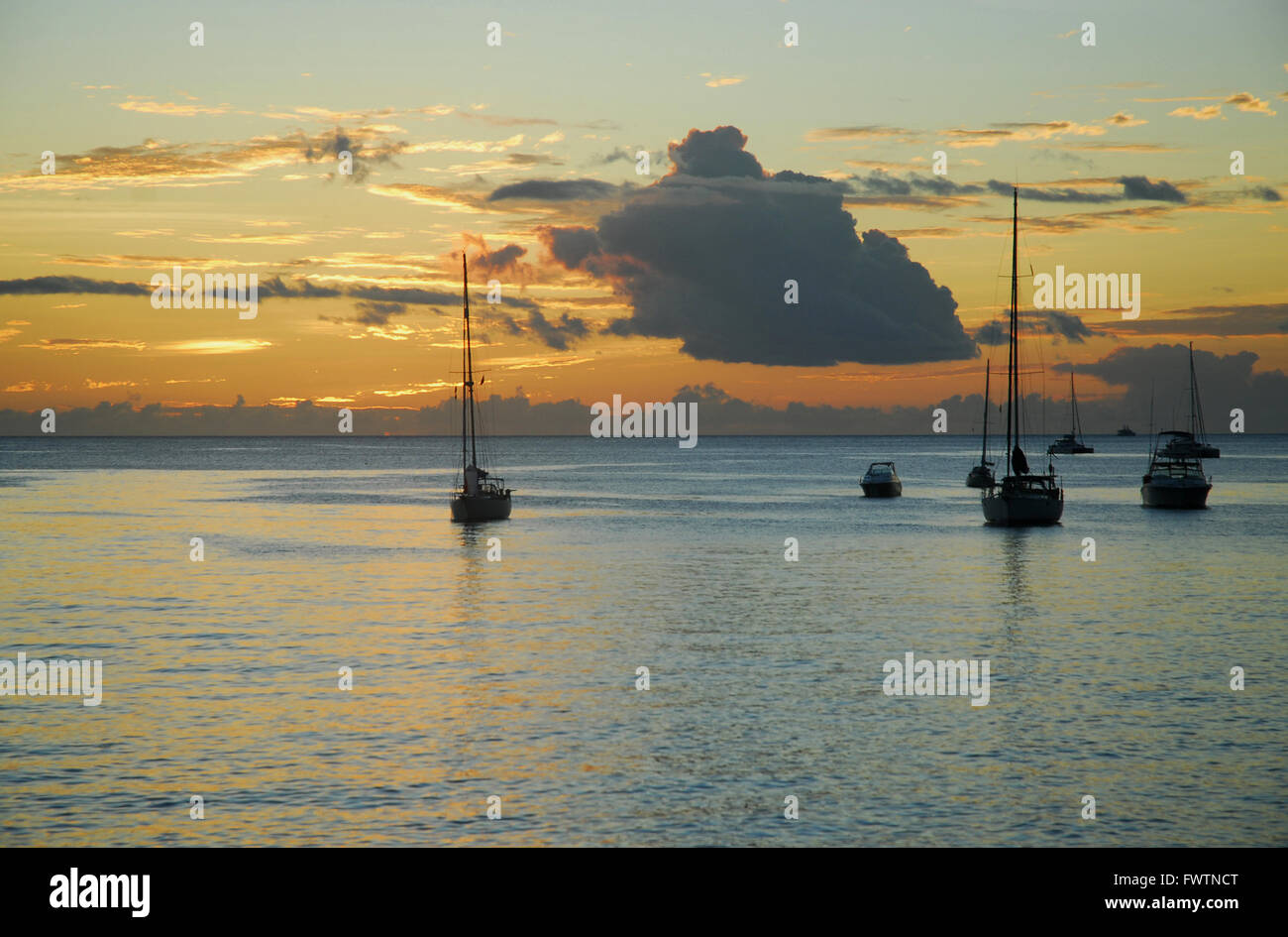 Caraibi, isole Windward, Dominica, Roseau, yacht al tramonto Foto Stock