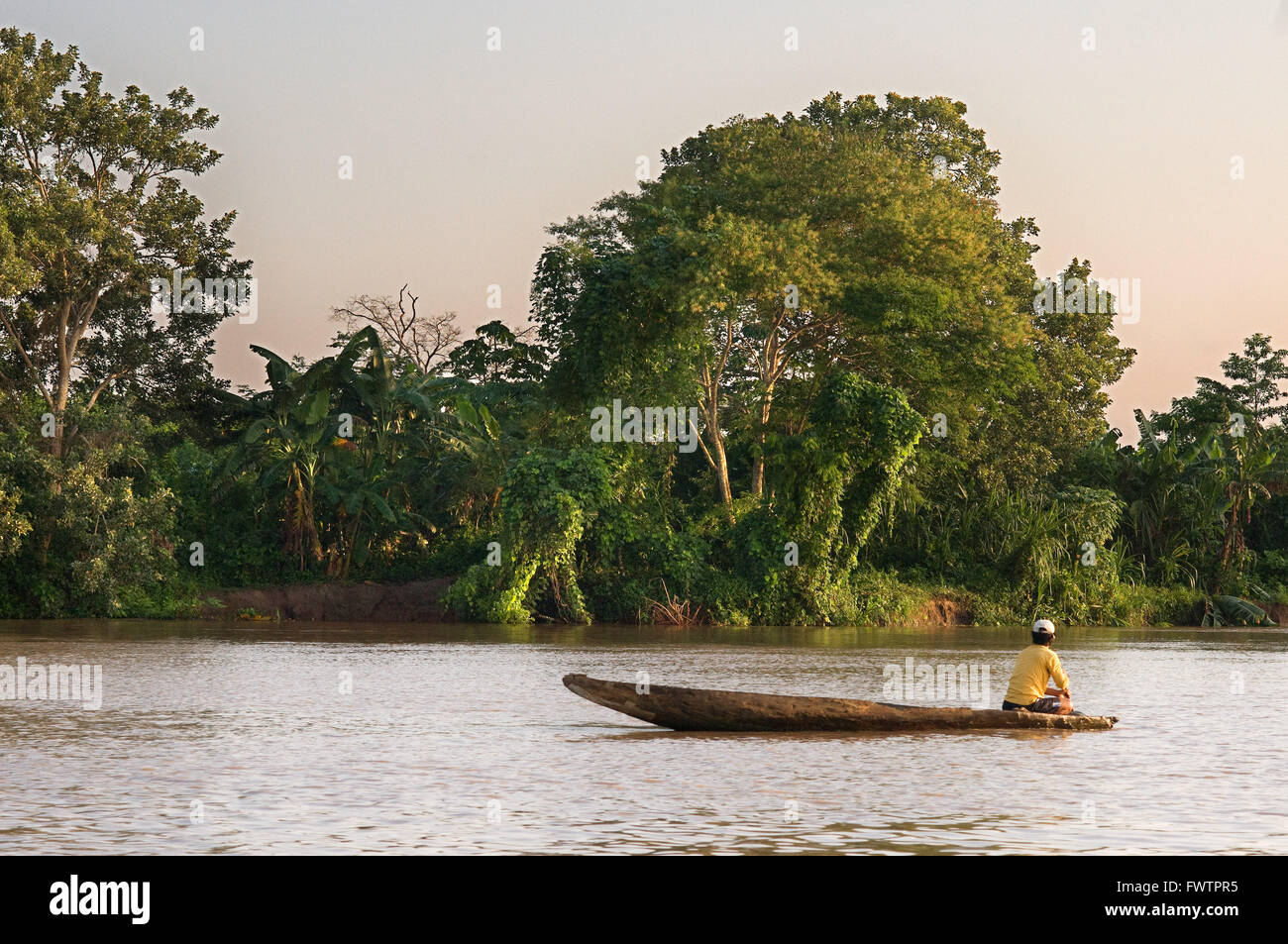 La foresta pluviale amazzonica: spedizione in barca lungo il fiume del Amazon vicino a Iquitos, Loreto, Perù. La navigazione di uno dei suoi affluenti del Rio delle Amazzoni a Iquitos circa quaranta chilometri vicino alla città di Indiana. Foto Stock