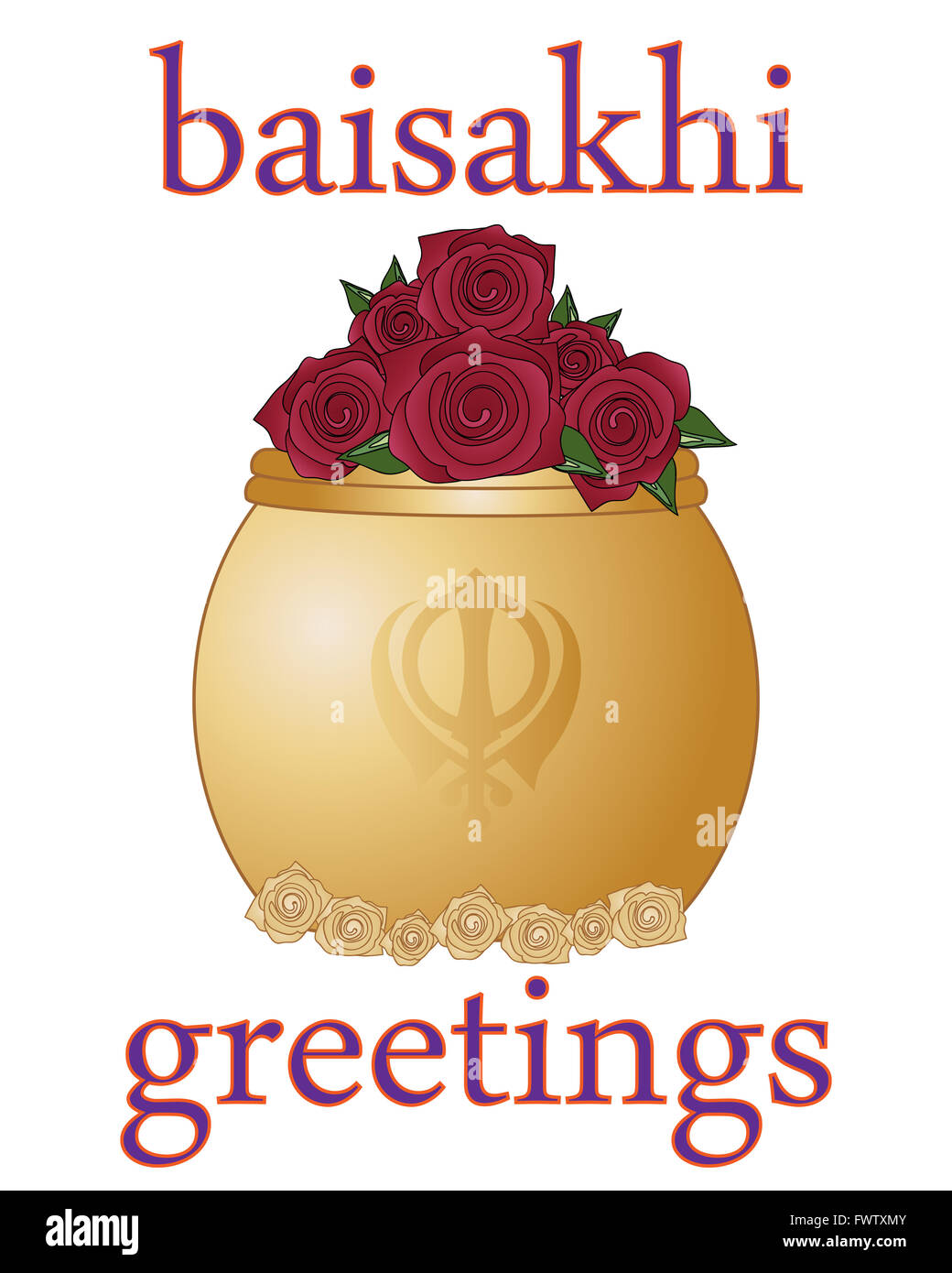 Una illustrazione di un Baisakhi biglietto di auguri per i sikh festival religioso con golden rose bowl su sfondo bianco Foto Stock