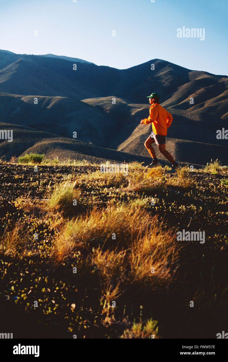 Montare il giovane atleta maschio trail runner nella Sierra Nevada, in California, sulle colline Foto Stock