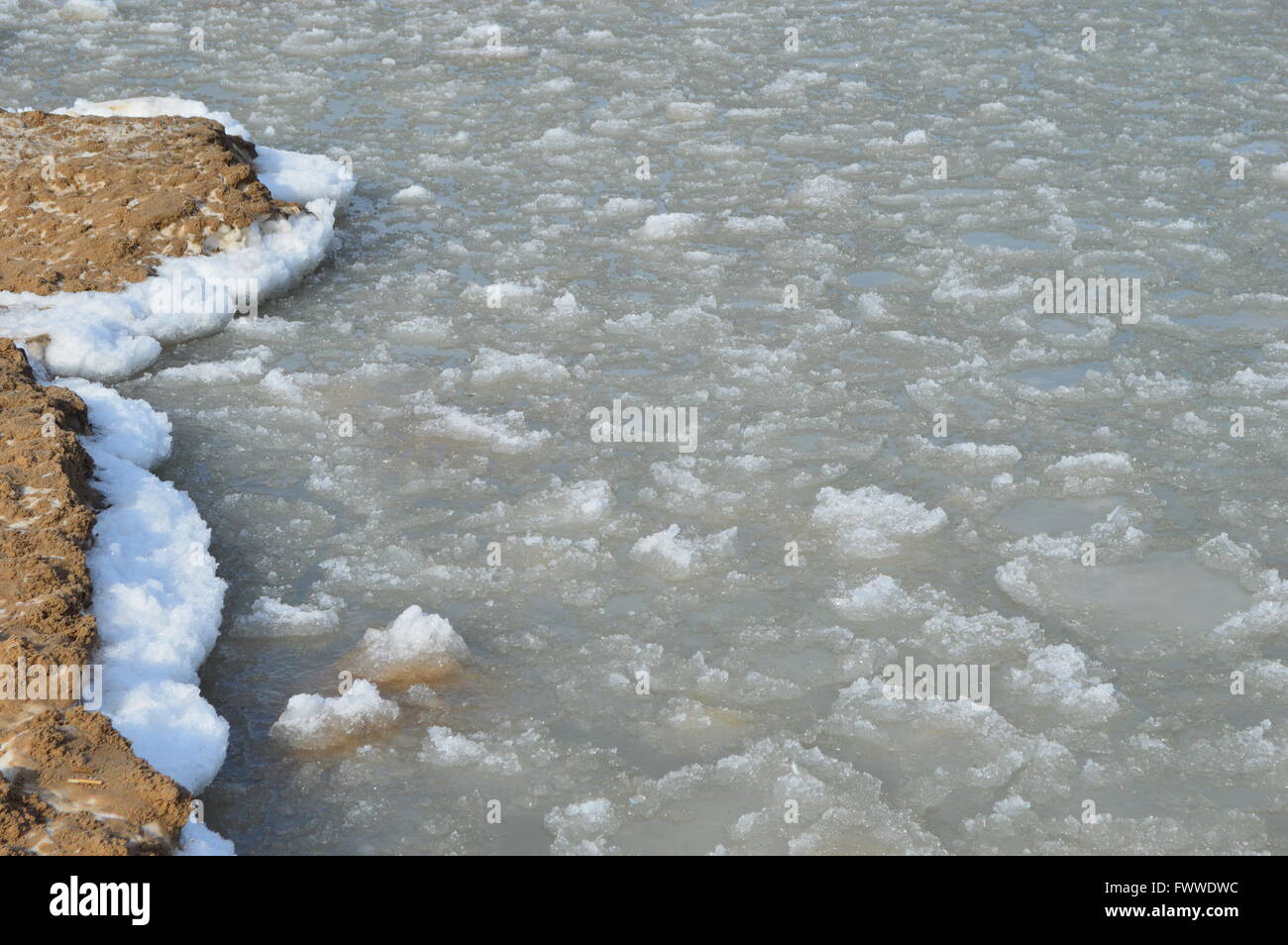 Una bellissima vista della costa del Lago Huron durante la primavera precoce disgelo Foto Stock