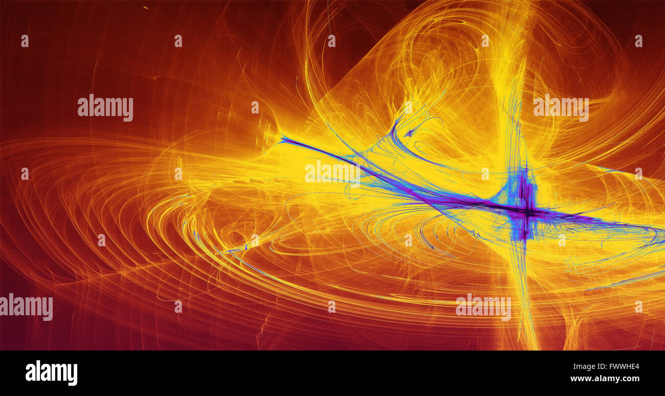 Abstract lo sfondo è blu giallo rosso Linee curve e particelle Foto Stock