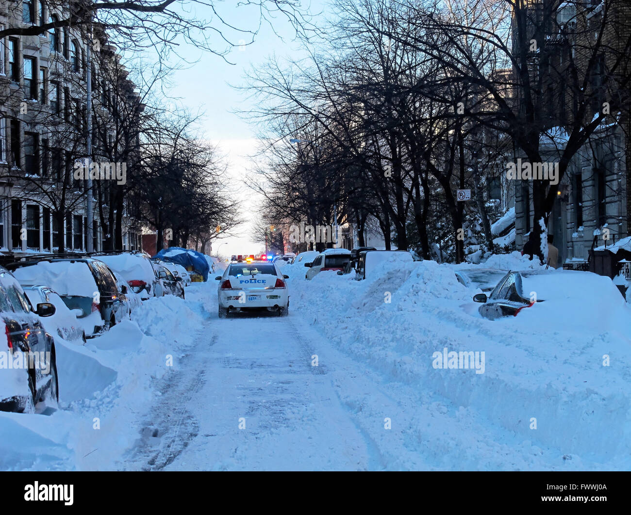 Incrociatore della polizia guida attraverso strade coperte di neve strade dopo una tempesta di neve a Brooklyn, New York. Foto Stock