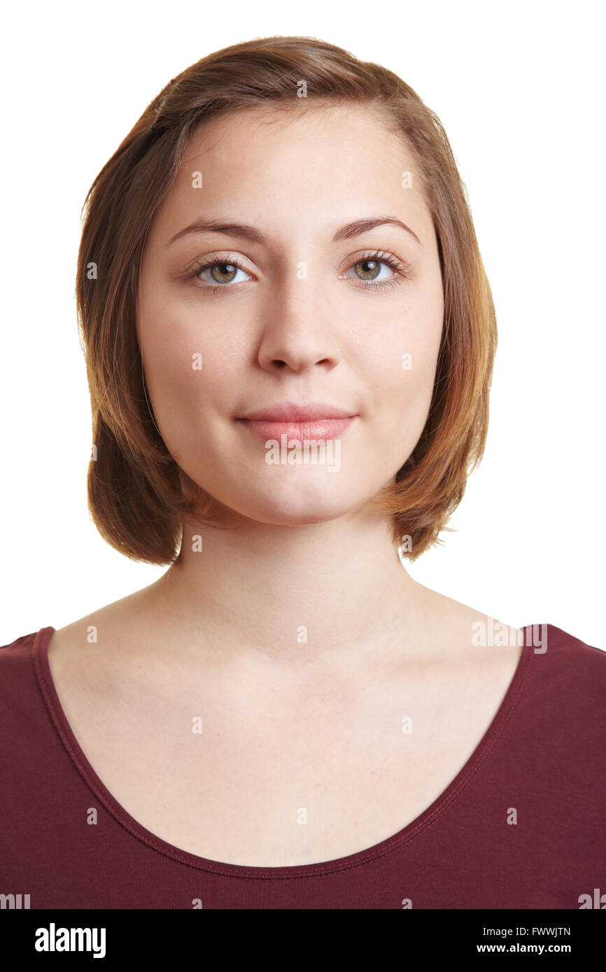 Ritratto frontale di brunette donna con espressione vuota Foto Stock