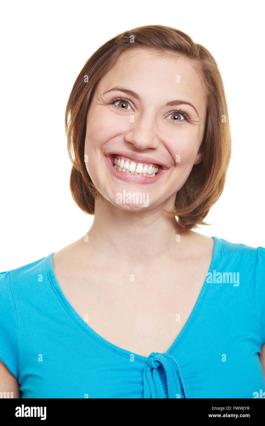 Attraente donna felice grining nella fotocamera Foto Stock