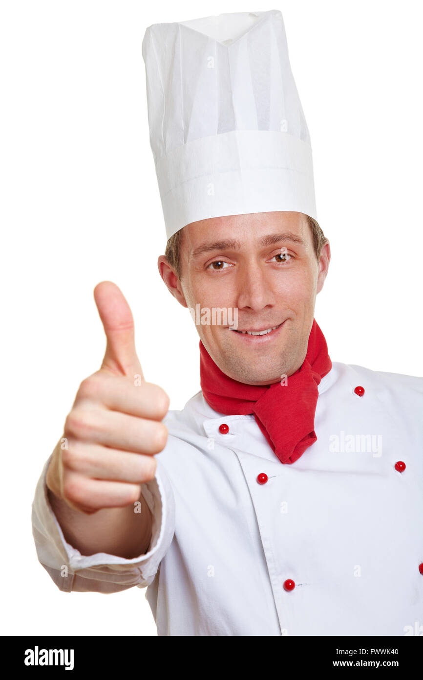 Felice chef cucinare tenendo il suo pollice in alto Foto Stock