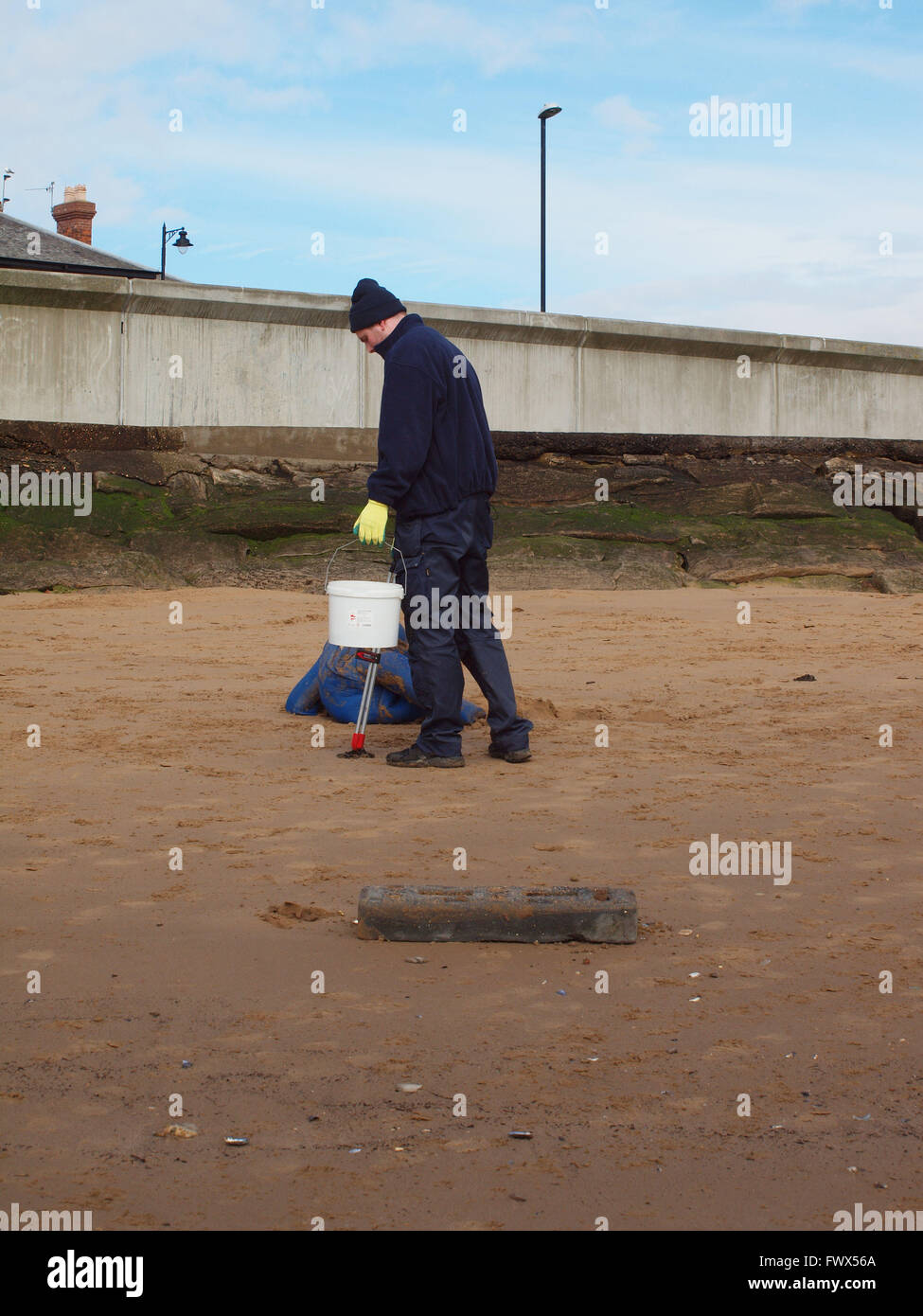 Newcastle Upon Tyne, venerdì 8 aprile 2016, Uk News. La conservazione delle risorse marine volontari raccolta di detriti dalla riva del mare in una lettiera sponsorizzati pick per aiutare a proteggere la vita marina a Tynemouth. Credito: James Walsh Alamy/Live News Foto Stock