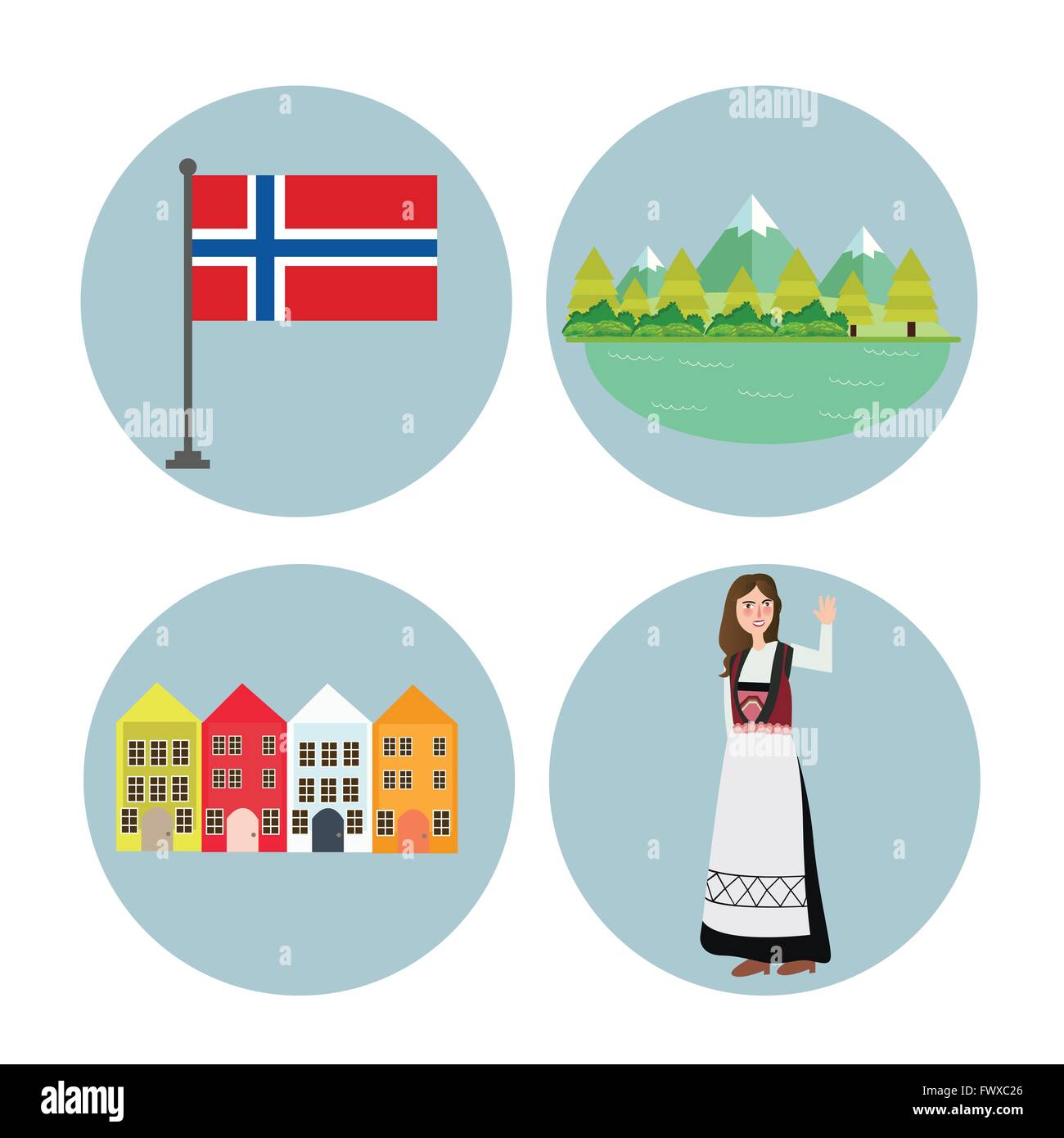 Norvegia icona bandiera norvegese edificio di montagna e le ragazze in costume tradizionale vestiti Illustrazione Vettoriale