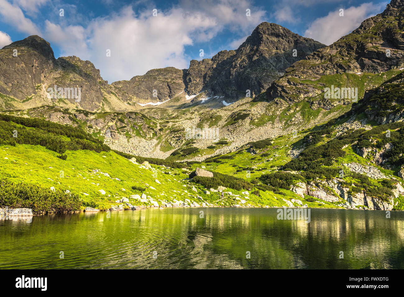 Vista della valle Gasienicowa e il Zielony Staw lago nei monti Tatra Foto Stock