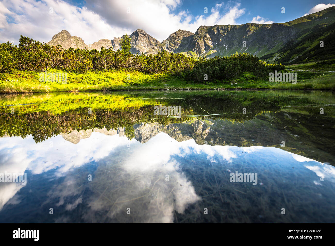 Vista della valle Gasienicowa e il Zielony Staw lago nei monti Tatra Foto Stock