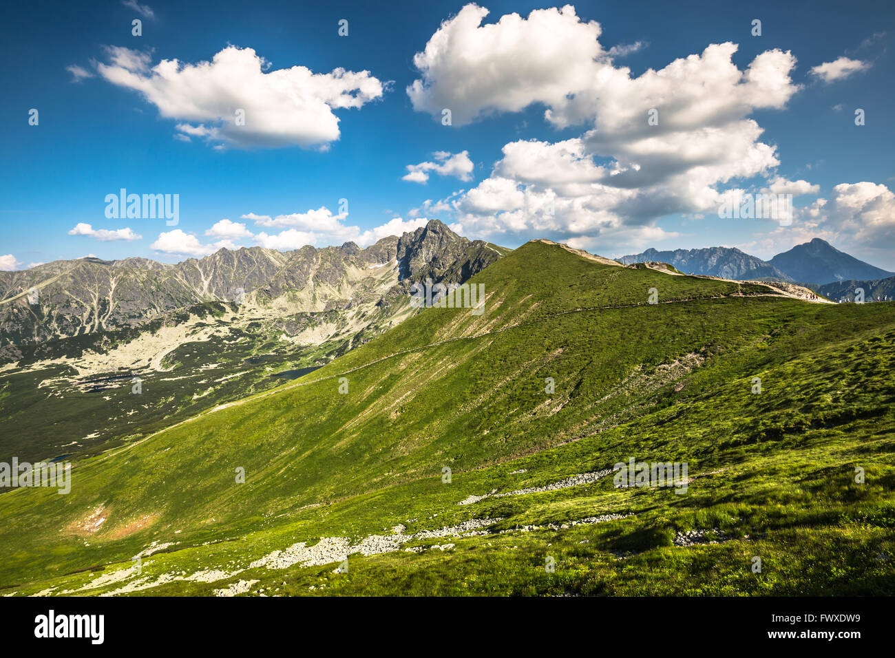 Dei monti Tatra, Polonia, vista da Kasprowy Wierch a valle Gasienicowa Foto Stock