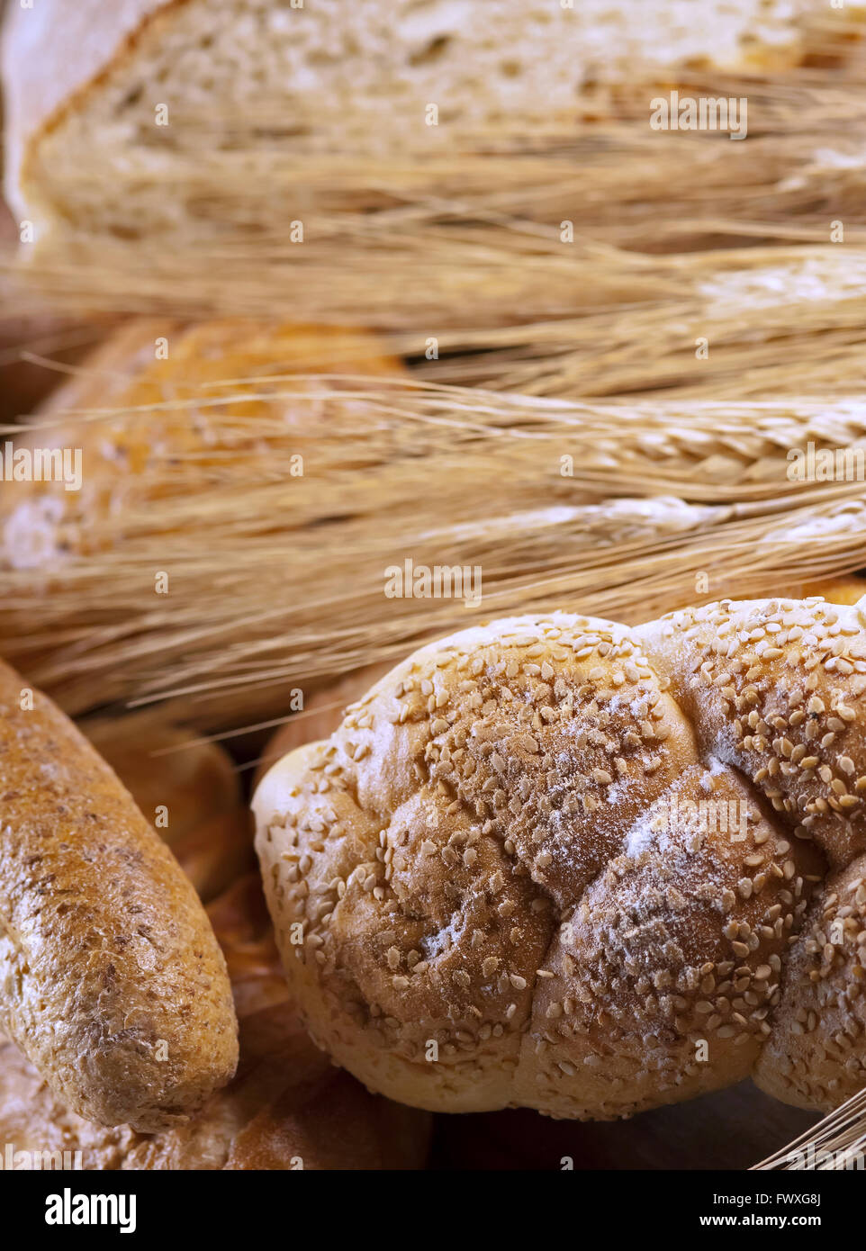 Assortimento di pane organico su un tavolo di legno con lo spazio di copia Foto Stock
