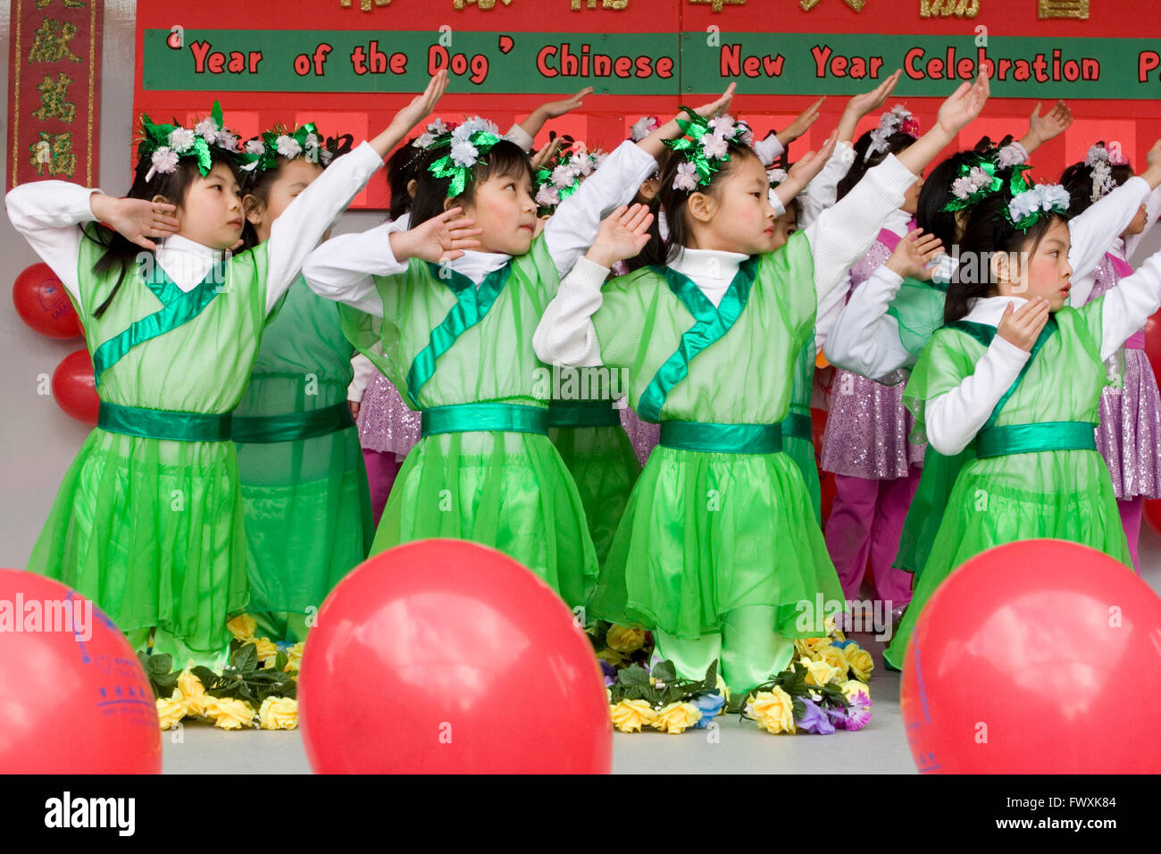 Scuola cinese i bambini da Chinatown Sunset Park quartiere di Brooklyn, NY eseguire durante il Capodanno cinese portando nell'anno della Ram, 2015 Foto Stock
