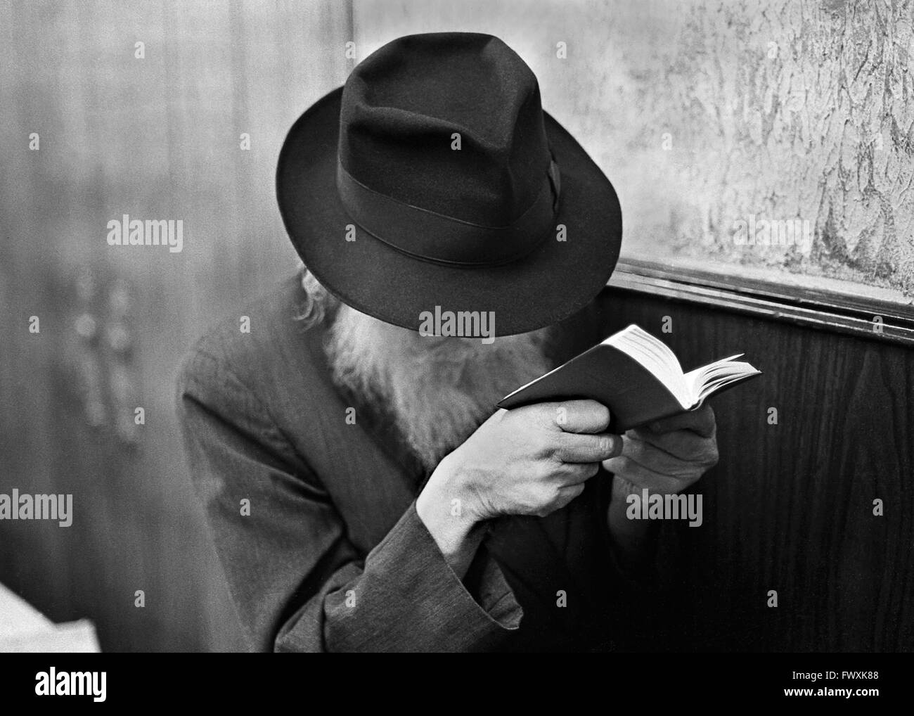 Vecchio ebreo Hasidic legge la sua Bibbia al Chabad-Lubavitch world headquarters in Crown Heights, Brooklyn, New York. Foto Stock