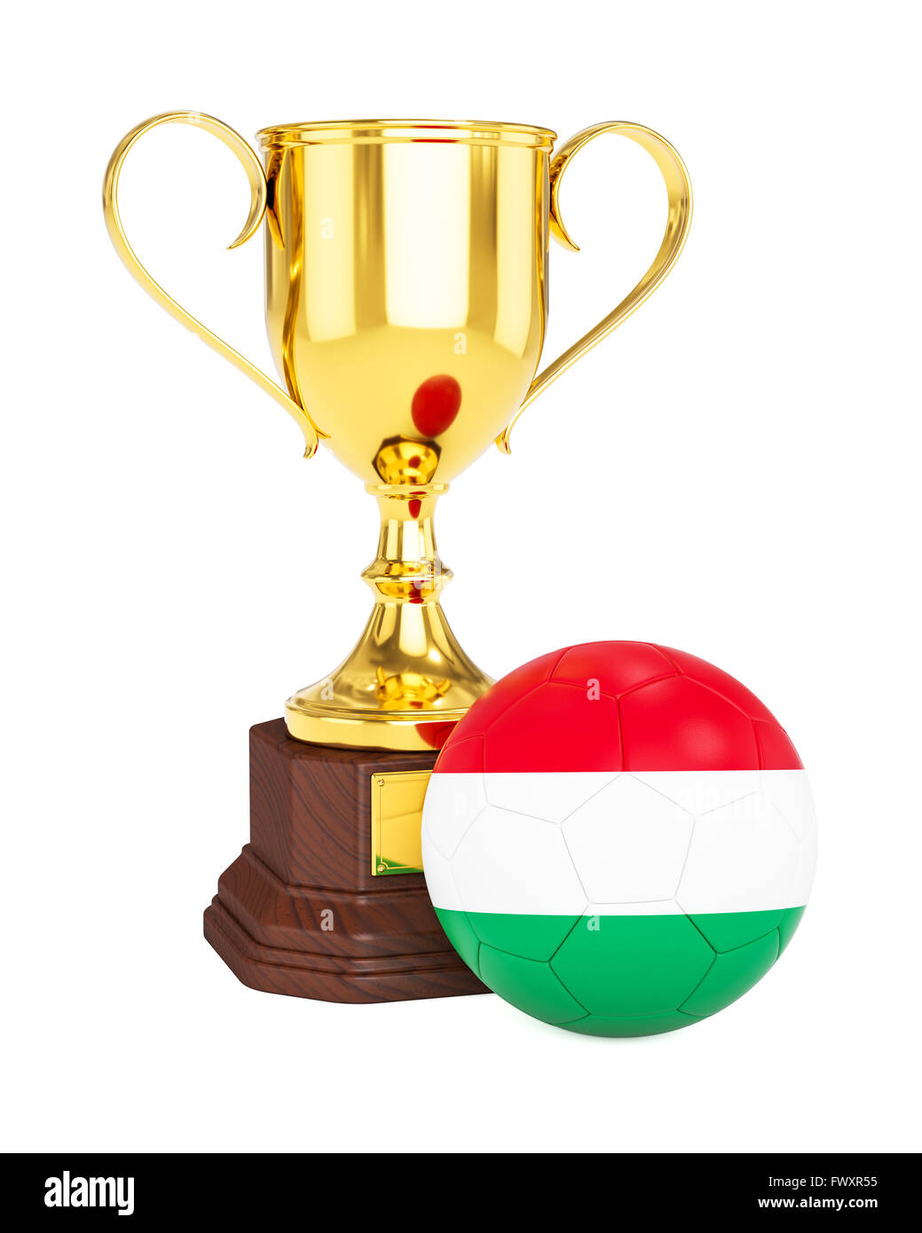 Trofeo Gold Cup e calcio pallone con bandiera Ungheria Foto Stock