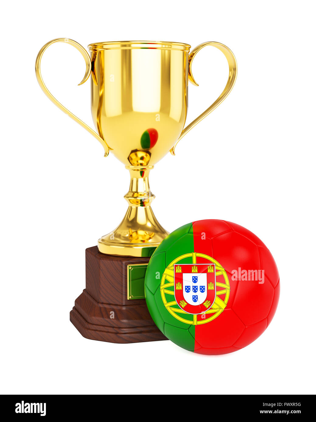 Trofeo Gold Cup e calcio pallone con bandiera del Portogallo Foto Stock