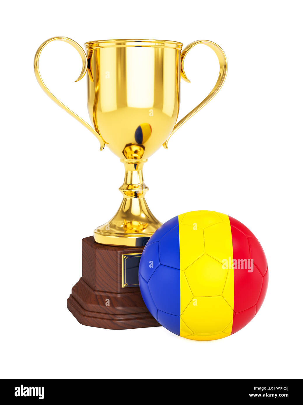Trofeo Gold Cup e calcio pallone con bandiera della Romania Foto Stock