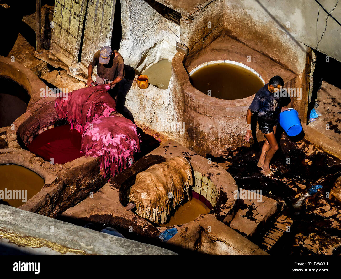 Il Marocco, Fes, industria del cuoio una conceria in pelle Foto Stock