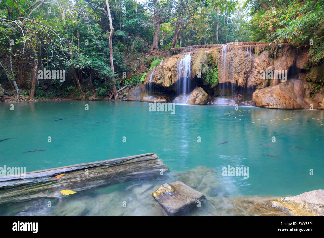 Le cascate di Deep Forest a Erawan cascata nel Parco Nazionale di Kanchanaburi Thailandia Foto Stock