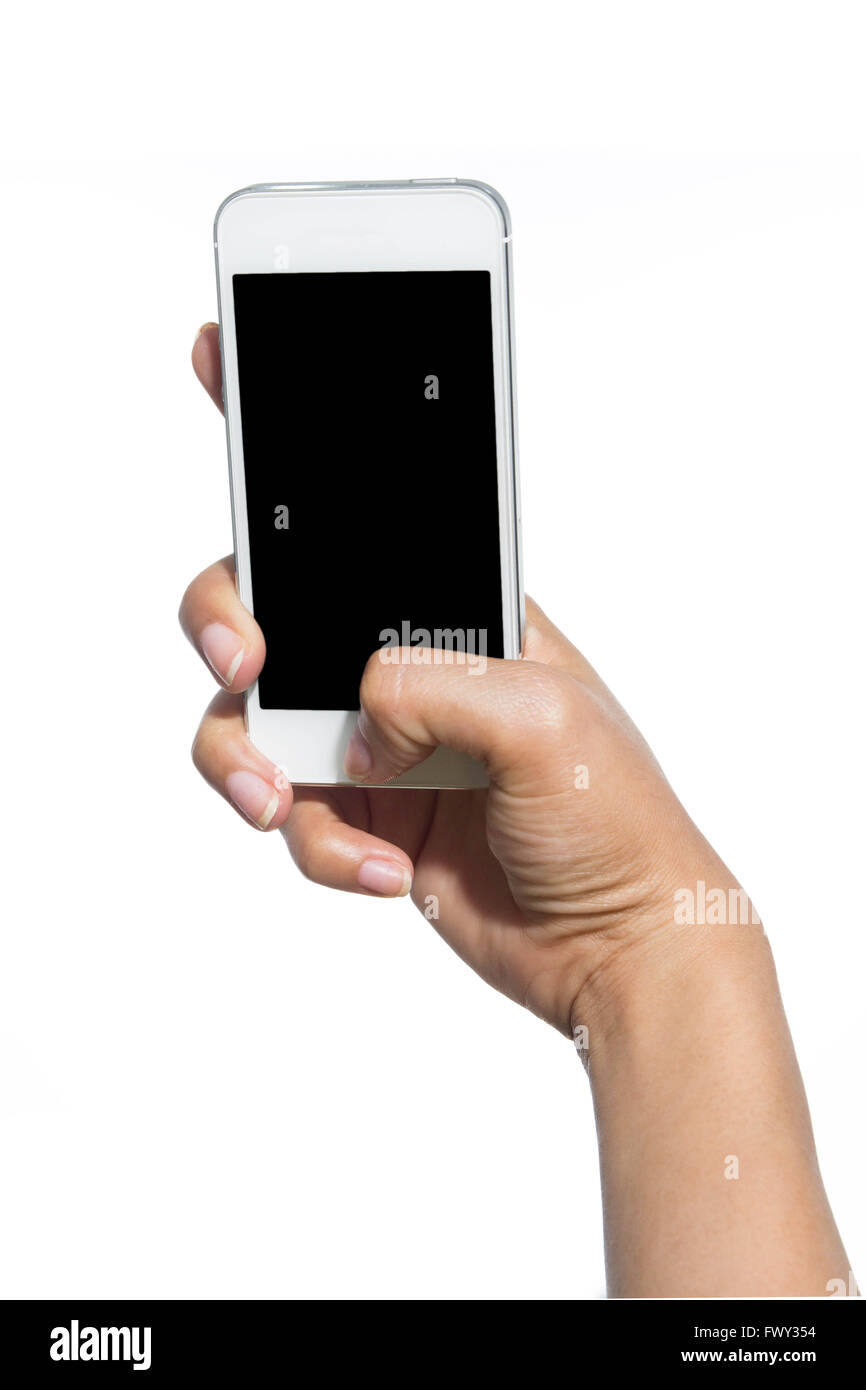 Mano che tiene il touch screen del telefono cellulare. Isolato su bianco. Foto Stock