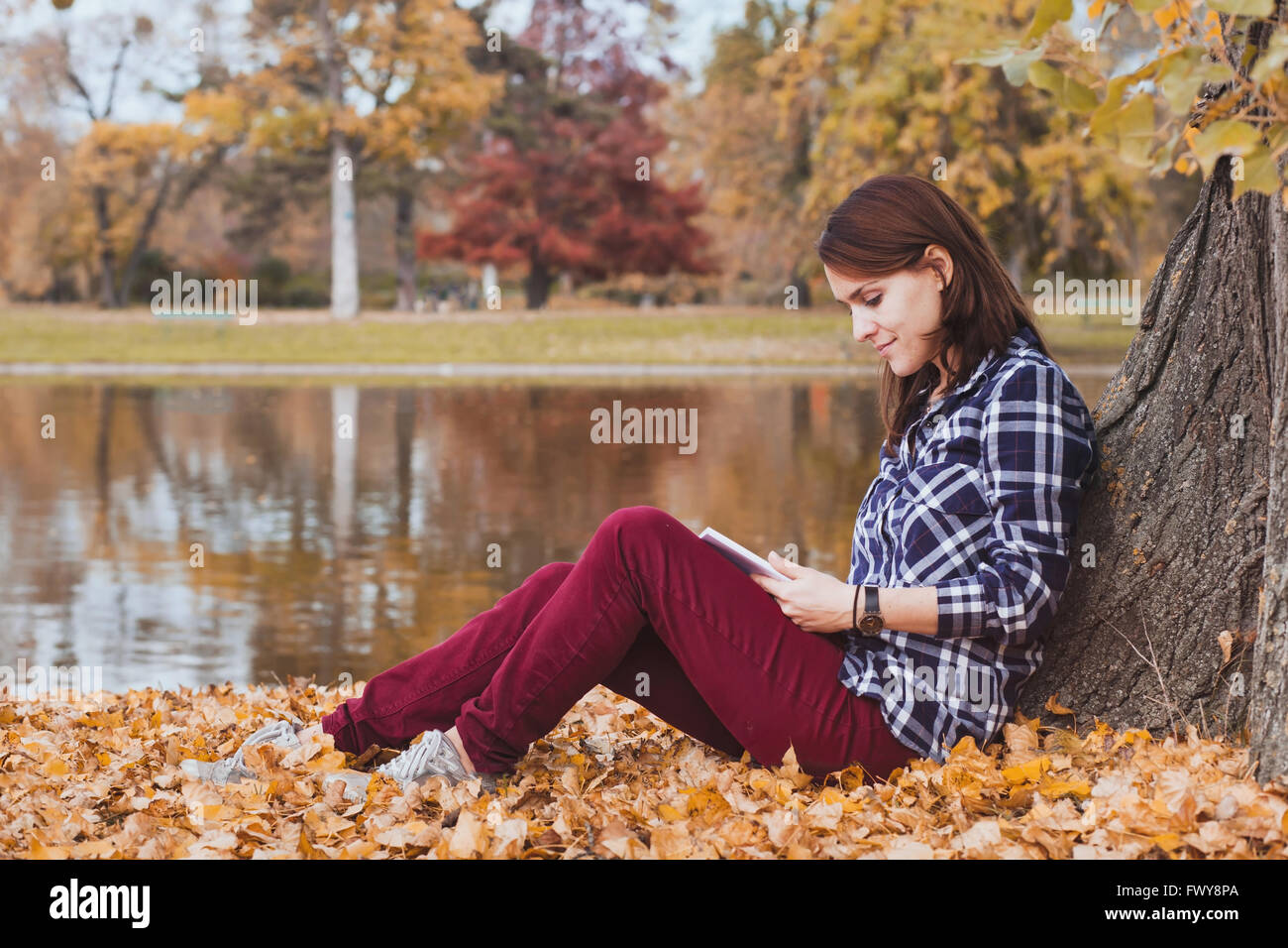 La letteratura, la giovane donna bella lettura libro in autunno parco vicino al lago Foto Stock